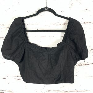 House of Harlow 1960 Black Linen Blend Puff Sleeve Crop Top Size 8 Square Neck